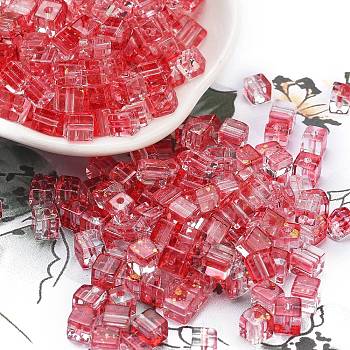 Spray Painted Glass Seed Beads, Round Hole, Cube, Crimson, 4~4.5x4~4.5x4~4.5mm, Hole: 1.4mm, about 1800pcs/pound