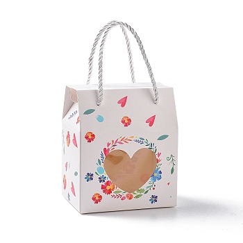 Rectangle Paper Gift Boxes with Handle Rope, Clear Heart Window Box for Gift Wrapping, Flower Pattern, 6.65x6.7x10cm