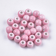 Handmade Porcelain Beads, Bright Glazed Porcelain Style, Round, Pink, 6~7x5.5~6mm, Hole: 2~2.5mm(PORC-S498-20B-01)
