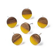 Opaque Resin & Walnut Wood Stud Earrings, with 316 Stainless Steel Pins, Flat Round, Gold, 10mm, Pin: 0.7mm(EJEW-N017-008-B05)