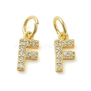 Brass Micro Pave Cubic Zirconia Pendants, with Jump Ring, Letter F, 8~9x4.5~9.5x1.5mm, Hole: 3.6mm(KK-M273-02G-F)