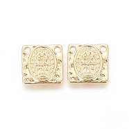 Brass Charms, Long-Lasting Plated, Square with Saint Benedict Medal, Hammered, Real 18K Gold Plated, 14x14x2mm, Hole: 1.8mm(X-KK-F811-02G)