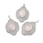 Natural Rose Quartz Pendants, Flower Charms, with Platinum Plated Brass Findings, 44x32x10mm, Hole: 8x5mm(G-P492-01P-02)