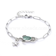 Charm Bracelets, with Alloy Starfish Charms and Alloy Enamel Sea Turtle Links, 304 Stainless Steel Paperclip Chains and Lobster Claw Clasps, Stainless Steel Color, 7-1/2 inch(19.2cm)(BJEW-JB05131)