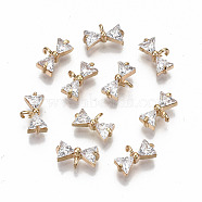 Brass Micro Pave Cubic Zirconia Charms, Light Gold, Long-Lasting Plated, Cadmium Free & Lead Free, Bowknot, Clear, 7x12x4mm, Hole: 1.2mm(KK-S359-011A-RS)