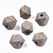 Painted Natural Wood Beads, Laser Engraved Pattern, Faceted, Polygon with Zebra-Stripe, Light Grey, 12x12x12mm, Hole: 3mm(WOOD-T021-52B-05)