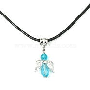 Angel Shape Alloy with Glass Pendant Necklaces, with Imitation Leather Cords, Dark Turquoise, 17.32 inch(44cm)(NJEW-JN04560-04)