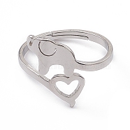 201 Stainless Steel Elephant with Heart Adjustable Ring for Women, Stainless Steel Color, US Size 6 1/4(16.7mm)(RJEW-K238-07P)