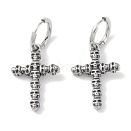 316 Surgical Stainless Steel Cross with Skull Hoop Earrings for Women, Antique Silver, 27.5x19mm(EJEW-P274-10AS)