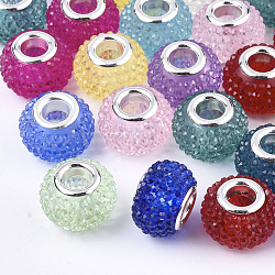 Resin Rhinestone European Beads, Large Hole Beads, with Platinum Tone Brass Double Cores, Rondelle, Berry Beads, Mixed Color, 14x10mm, Hole: 5mm(RPDL-T002-03)
