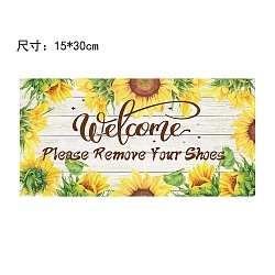 Printed Wood Hanging Wall Decorations, for Front Door Home Decoration, with Jute Twine, Rectangle with Word Welcome Please Remove Your Shoes, Sunflower Pattern, 30x15x0.5cm, Rope: 40cm(WOOD-WH0115-13N)