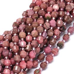 Natural Rhodonite Beads Strands, with Seed Beads, Faceted, Bicone, Double Terminated Point Prism Beads, 5~7x6mm, Hole: 0.8mm, about 48pcs/strand, 15.55 inch(39.5cm)(G-O201B-06)