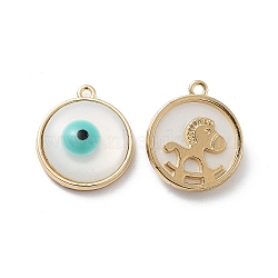Rack Plating Alloy Enamel Pendants, with Resin, Flat Round with Evil Eye & Horse Charm, Cadmium Free & Nickel Free & Lead Free, Golden, 17.5x15x4.5mm, Hole: 1.2mm(FIND-C050-10G)