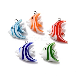 Handmade Lampwork Pendants, with Brass Loop and Acrylic Finding, Fish, Mixed Color, 25x16.5x9mm, Hole: 1.5mm(LAMP-E029-02P)