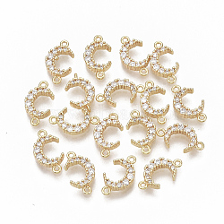Brass Micro Pave Cubic Zirconia Links/Connectors, Nickel Free, Moon, Clear, Real 18K Gold Plated, 13~14x7x2.5mm, Hole: 1mm(KK-S354-118-NF)