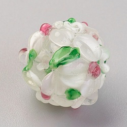 Handmade Lampwork Beads, Rondelle with Flower, Bumpy, WhiteSmoke, 14~15x12~13mm, Hole: 1.5~1.8mm(X-LAMP-P051-H10)