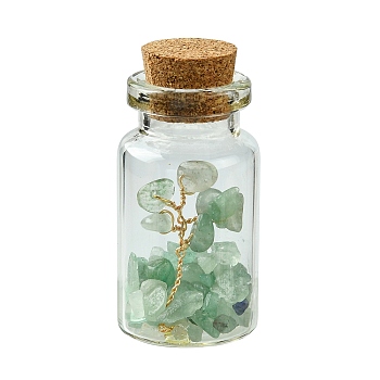Transparent Glass Wishing Bottle Decoration, Wicca Gem Stones Balancing, with Tree of Life Natural Green Aventurine Beads Drift Chips inside, 22x45mm