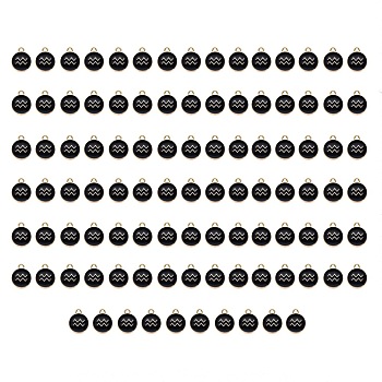 Alloy Enamel Pendants, Flat Round with Constellation, Light Gold, Black, Aquarius, 15x12x2mm, Hole: 1.5mm, 100pcs/Box