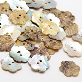 2-Hole Flower Mother of Pearl Buttons, Akoya Shell Button, Camel, 13~14x1~1.5mm, Hole: 1.5mm, about 720pcs/bag