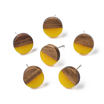 Opaque Resin & Walnut Wood Stud Earrings, with 316 Stainless Steel Pins, Flat Round, Gold, 10mm, Pin: 0.7mm