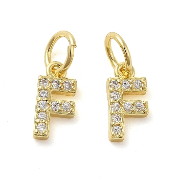 Brass Micro Pave Cubic Zirconia Pendants, with Jump Ring, Letter F, 8~9x4.5~9.5x1.5mm, Hole: 3.6mm