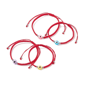 2Pcs 2 Style Resin Evil Eye Braided Bead Bracelets Set, Red Couple Adjustable Bracelets for Parent and Child, Red, Inner Diameter: 1-7/8~4 inch(4.8~10.2cm), 1Pc/style