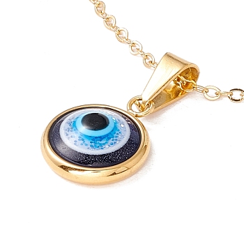 Lampwork Flat Round with Evil Eye Pendant Necklace with 304 Stainless Steel Cable Chains for Women, Golden, Blue, 18.1 inch(46cm)