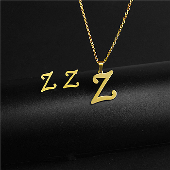 Golden Stainless Steel Initial Letter Jewelry Set, Stud Earrings & Pendant Necklaces, Letter Z, No Size