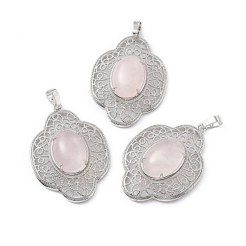 Natural Rose Quartz Pendants, Flower Charms, with Platinum Plated Brass Findings, 44x32x10mm, Hole: 8x5mm