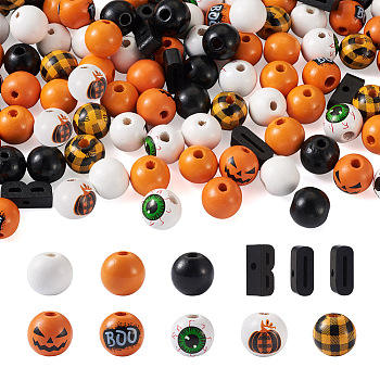 116Pcs Painted Natural Wood Beads, with Halloween Printed Wood Beads, Large Hole Beads, Mixed Shapes, Mixed Color, 15.5~20x7.5~14.5mm, Hole: 2.7~4.4mm