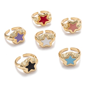 Brass Enamel Cuff Rings, Open Rings, Long-Lasting Plated, Star, Textured, Golden, Mixed Color, US Size 6 3/4(17.1mm)