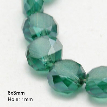 Electroplate Glass Beads, Half Plated, Faceted, Frosted, Flat Round, Dark Cyan, 6x3mm, Hole: 1mm