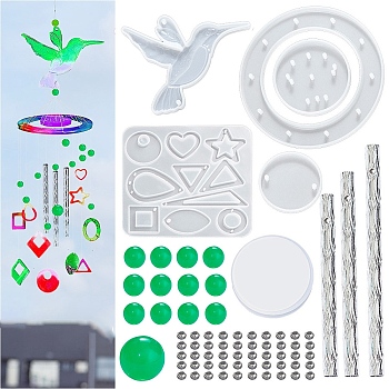 DIY Wind Chime Making Kits, including 4Pcs Silicone Molds, 13Pcs Plastic Beads, 1Pc Stainless Steel S Hooks, 1 Roll Crystal Thread, 3Pcs Round Tubes, Bird