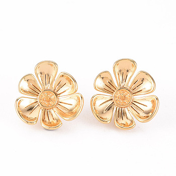 Brass Stud Earrings Findings, for Half Drilled Bead, Nickel Free, Flower, Real 18K Gold Plated, 18.5x17.5mm, Pin: 0.8mm, Pin: 0.8mm(for Half Drilled Bead)