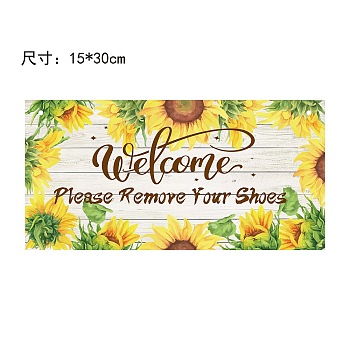 Printed Wood Hanging Wall Decorations, for Front Door Home Decoration, with Jute Twine, Rectangle with Word Welcome Please Remove Your Shoes, Sunflower Pattern, 30x15x0.5cm, Rope: 40cm