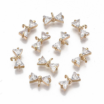 Brass Micro Pave Cubic Zirconia Charms, Light Gold, Long-Lasting Plated, Cadmium Free & Lead Free, Bowknot, Clear, 7x12x4mm, Hole: 1.2mm