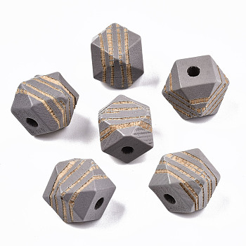 Painted Natural Wood Beads, Laser Engraved Pattern, Faceted, Polygon with Zebra-Stripe, Light Grey, 12x12x12mm, Hole: 3mm