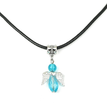 Angel Shape Alloy with Glass Pendant Necklaces, with Imitation Leather Cords, Dark Turquoise, 17.32 inch(44cm)