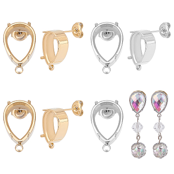Unicraftale 4 Pairs 2 Colors 304 Stainless Steel Stud Earring Findings, Earring Setting for Rhinestone, with Ear Nuts and Horizontal Loops, Teardrop, Golden & Stainless Steel Color, 24x12mm, Hole: 1.8mm, Pin: 0.7mm, Tray: 10x14mm, 2 Pairs/color