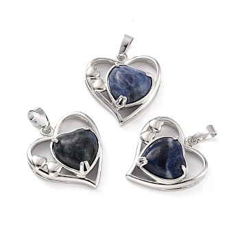 Natural Sodalite Pendants, with Platinum Tone Brass Findings, Cadmium Free & Lead Free, Heart, Valentine's Day, 28x26x5mm, Hole: 8x5mm