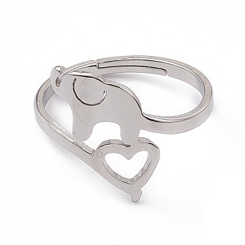 201 Stainless Steel Elephant with Heart Adjustable Ring for Women, Stainless Steel Color, US Size 6 1/4(16.7mm)