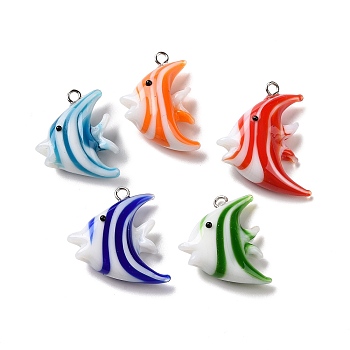 Handmade Lampwork Pendants, with Brass Loop and Acrylic Finding, Fish, Mixed Color, 25x16.5x9mm, Hole: 1.5mm