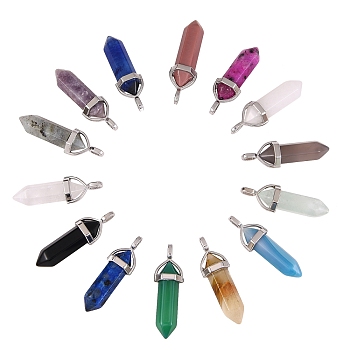 14Pcs 14 Style Mixed Gemstone Double Terminated Pointed Pendants, with Random Platinum Brass Pendant Hexagon Bead Cap Bails, Faceted, Bullet, 36x12mm, Hole: 3x4~5mm, 1pc/style