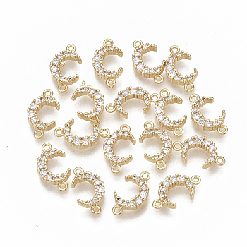Brass Micro Pave Cubic Zirconia Links/Connectors, Nickel Free, Moon, Clear, Real 18K Gold Plated, 13~14x7x2.5mm, Hole: 1mm