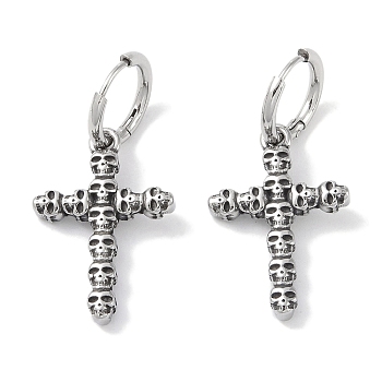 316 Surgical Stainless Steel Cross with Skull Hoop Earrings for Women, Antique Silver, 27.5x19mm