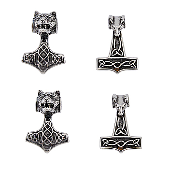 4Pcs 2 Styles 304 Stainless Steel Pendants, Thor's Hammer with Sheep, Antique Silver, 40~43x29~30x10~19.5mm, Hole: 6mm, 2pcs/style