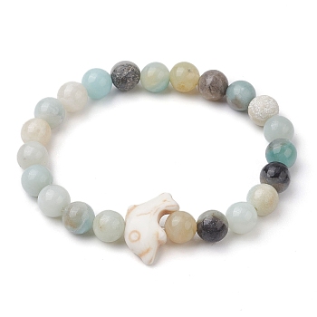 Synthetic Turquoise Dolphin Beads with Natural Flower Amazonite Beaded Stretch Bracelets, 1/4 inch(0.8cm), Inner Diameter: 2-1/8 inch(5.25cm)