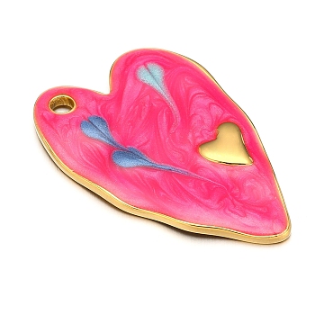 Stainless Steel Pendants, with Enamel, Golden, Heart Charm, Deep Pink, 36x24mm, Hole: 2.5mm
