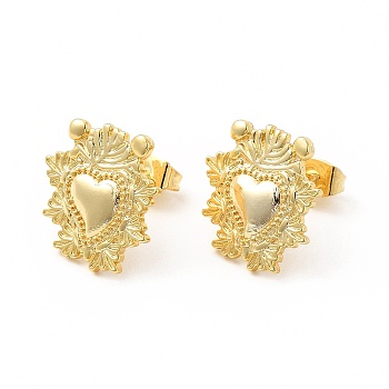 Brass Heart with Leaf Stud Earrings for Women, Cadmium Free & Lead Free, Real 18K Gold Plated, 15.5x15mm, Pin: 1mm