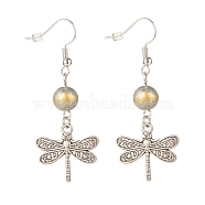 Round Natural Mashan Jade with Alloy Dragonfly Dangle Earrings, Brass Earrings for Women, Gray, 50mm, Pin: 0.6mm(EJEW-JE04855-02)
